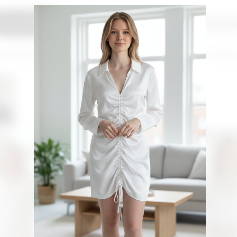 NWT ZARA SATIN EFFECT RUCHED DRAPED SHIRT DRESS BLOGGERS FAV IVORY XS
